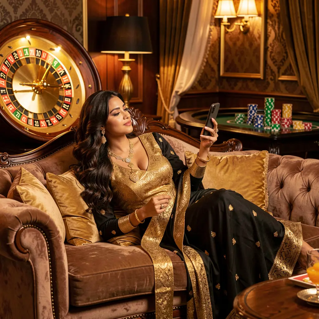 Confident Bangladeshi woman using the F222 casino app while relaxing on a luxury sofa with a glowing roulette wheel behind her