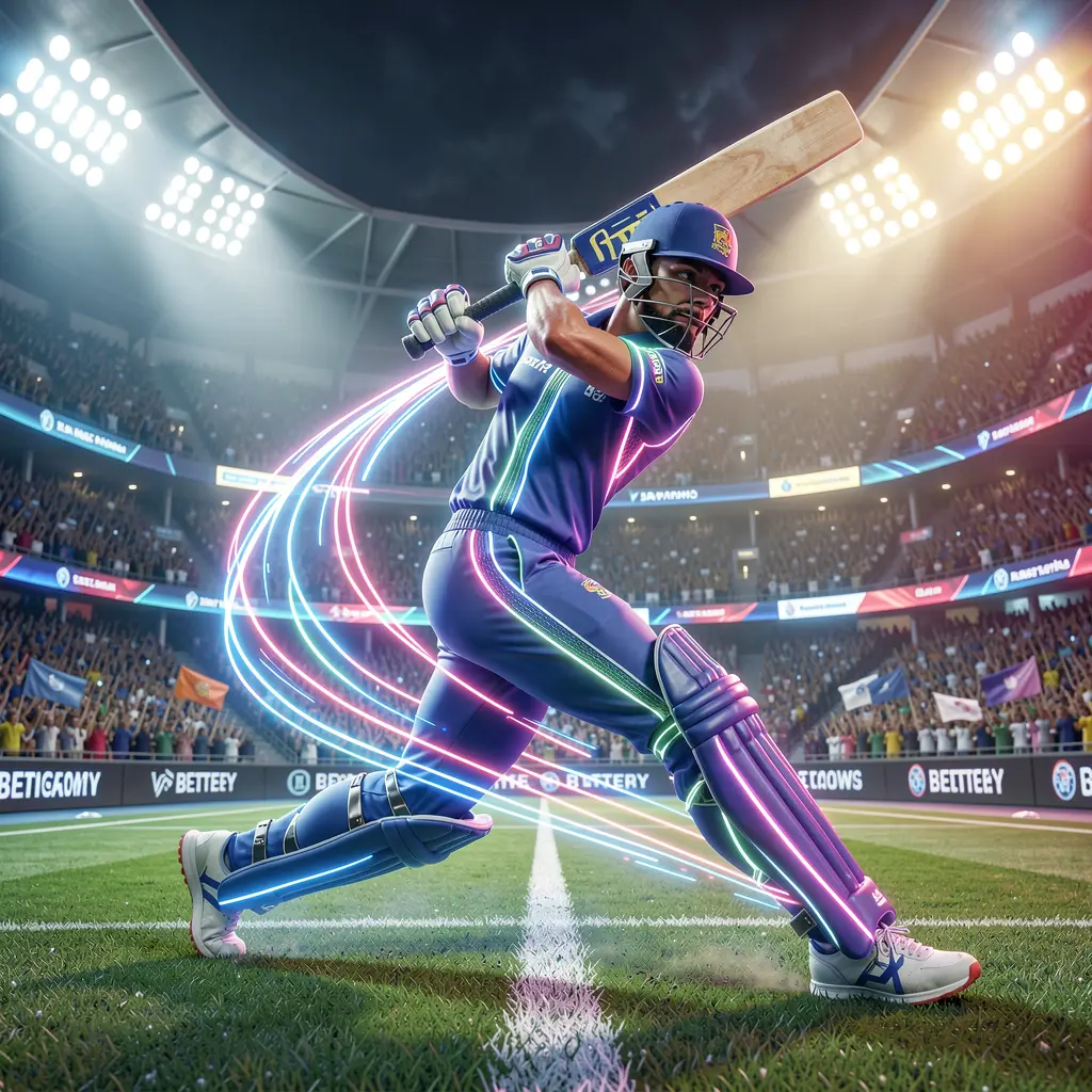 Dynamic neon cricket player in motion inside a stadium highlighting fast and exciting sports betting with F222 in Bangladesh