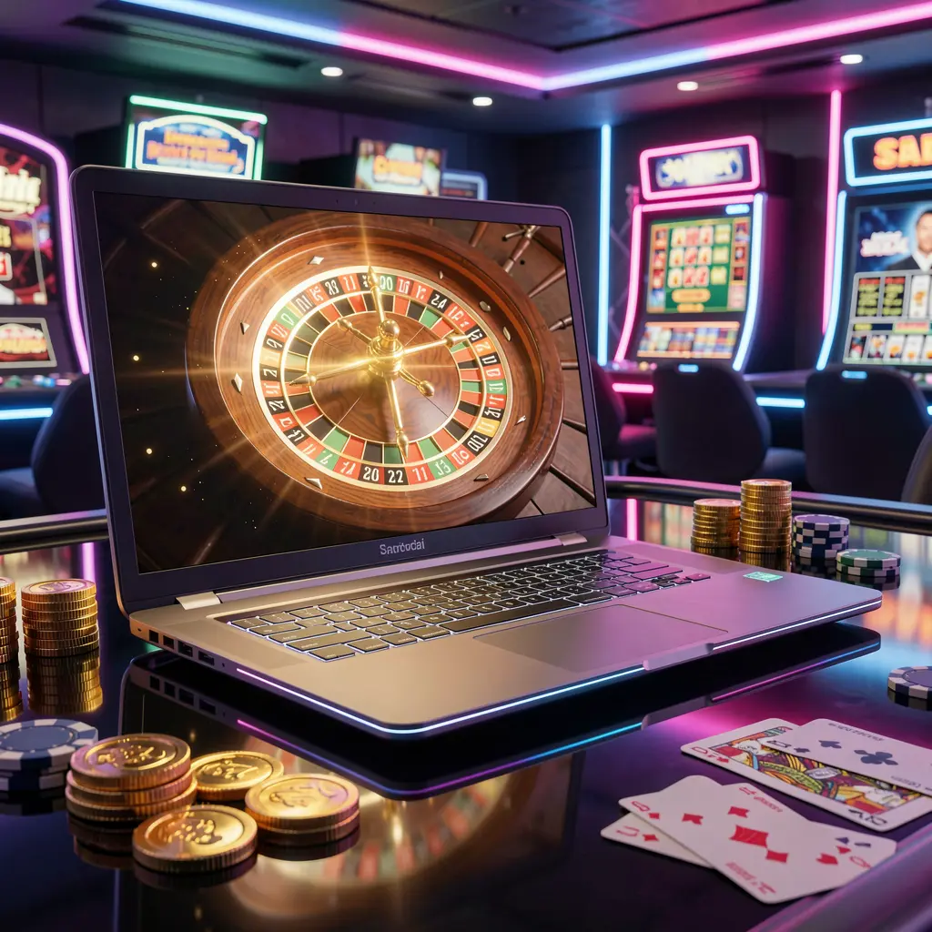 Futuristic online roulette interface on a sleek laptop surrounded by casino coins and cards representing the high quality gaming experience of F222 Casino in Bangladesh