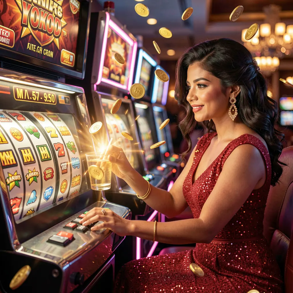 A glamorous player in a sparkling red dress enjoying a luxury slot machine with jackpot symbols and golden coins at F222 casino for Bangladeshi players